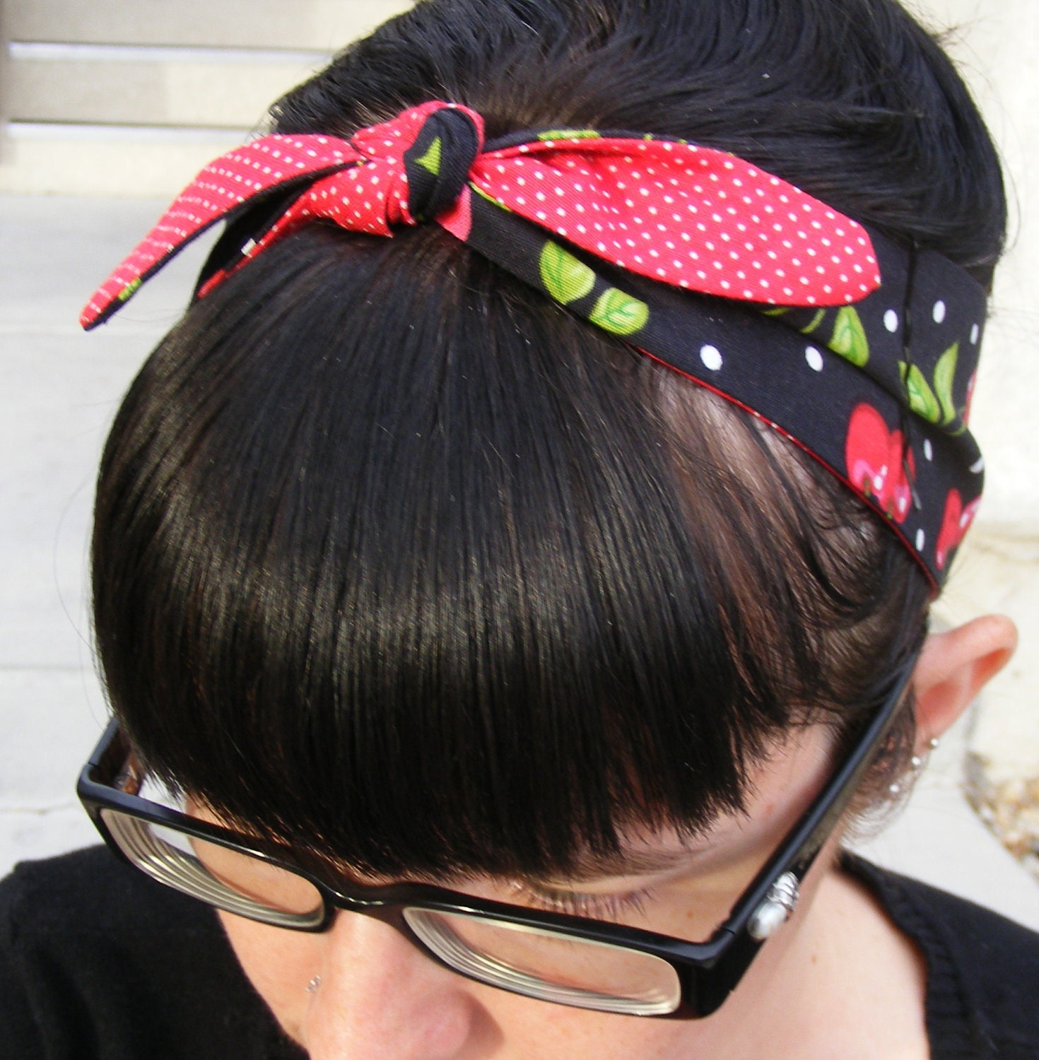 ON SALE - 2 Dollars Off - Retro Cherry and Polka Dot Hair Tie - Bandana - Rockabilly Hair Tie - Headband - Reversible