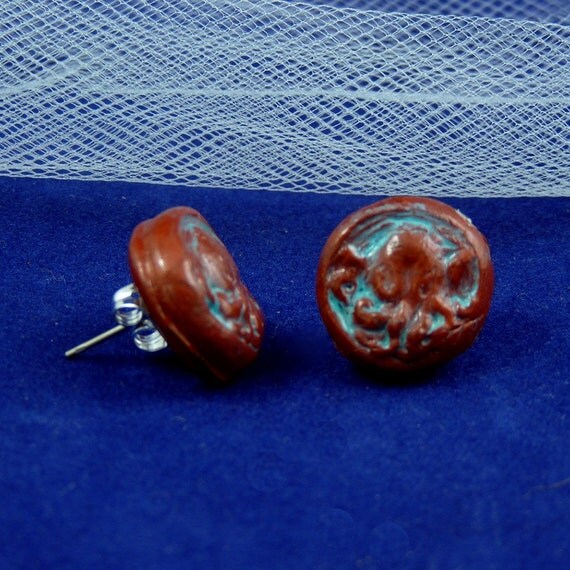 Verdigris Copper Cthulhu Cameo Earrings - Polymer Clay Horror Jewelry