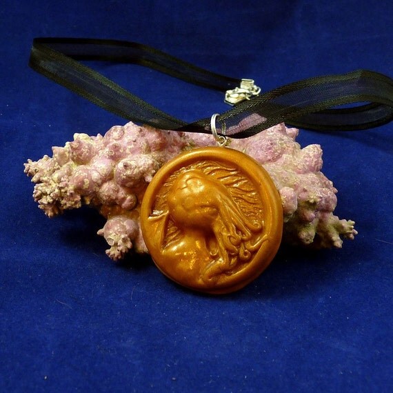 Brass Cthulhu Cameo Necklace - Handmade Polymer Clay Jewelry