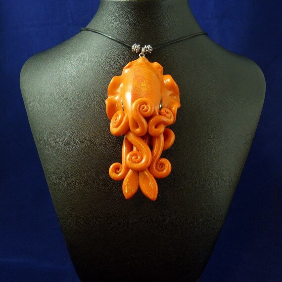 Orange Cuttlefish Necklace - Handmade Polymer Clay Jewelry