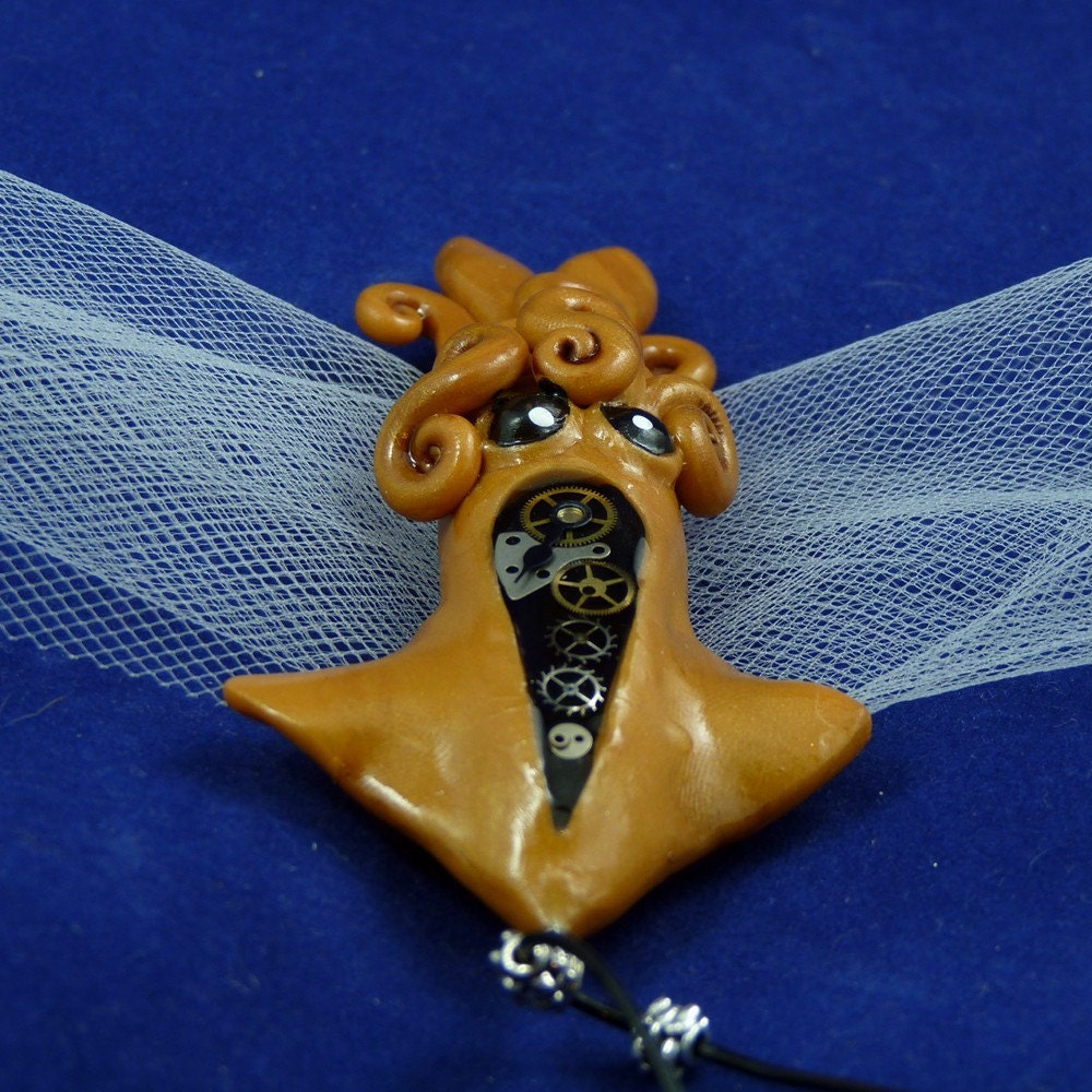 Brass Steampunk Squid Necklace - Polymer Clay Squid Pendant