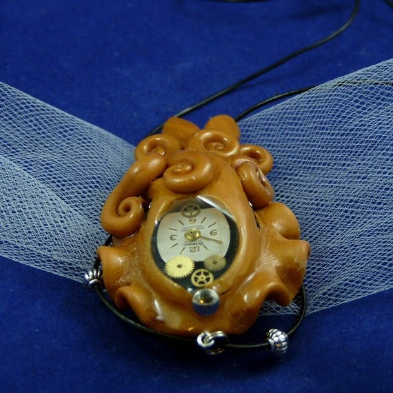 Brass Steampunk Cuttlefish Necklace - Polymer Clay Neo-Victorian Jewelry