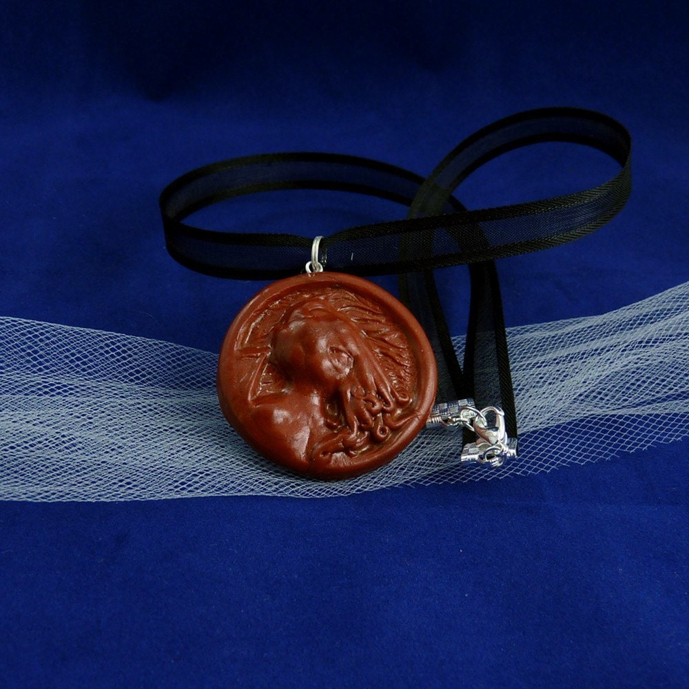 Copper Cthulhu Cameo Necklace - Polymer Clay Horror Jewelry
