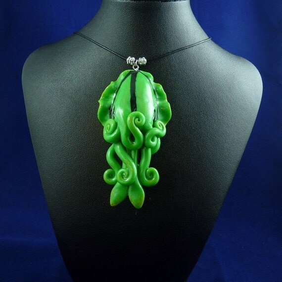 Green Cuttlefish Necklace - Handmade Polymer Clay Jewelry