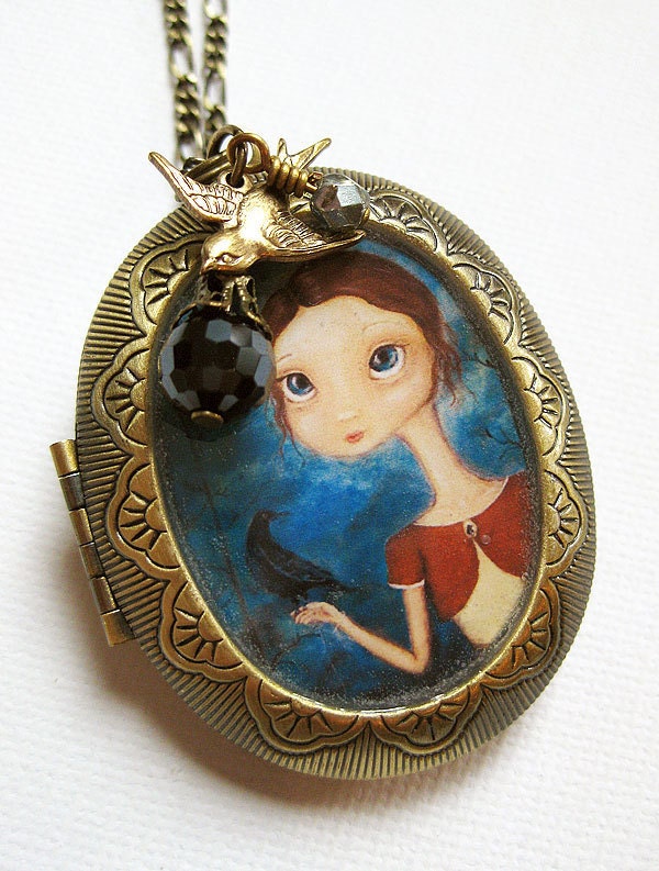 Antique style locket - The Crow Keeper vintage locket bird art pendant