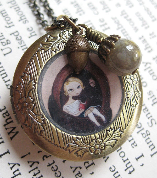 Vintage Inspired Locket - Acorn Girl art pendant antique locket