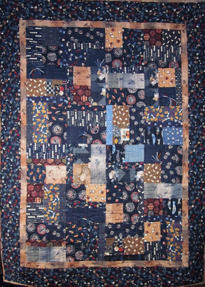 Patchwork Quilt - blue and brown Japanese Bits and Pieces
