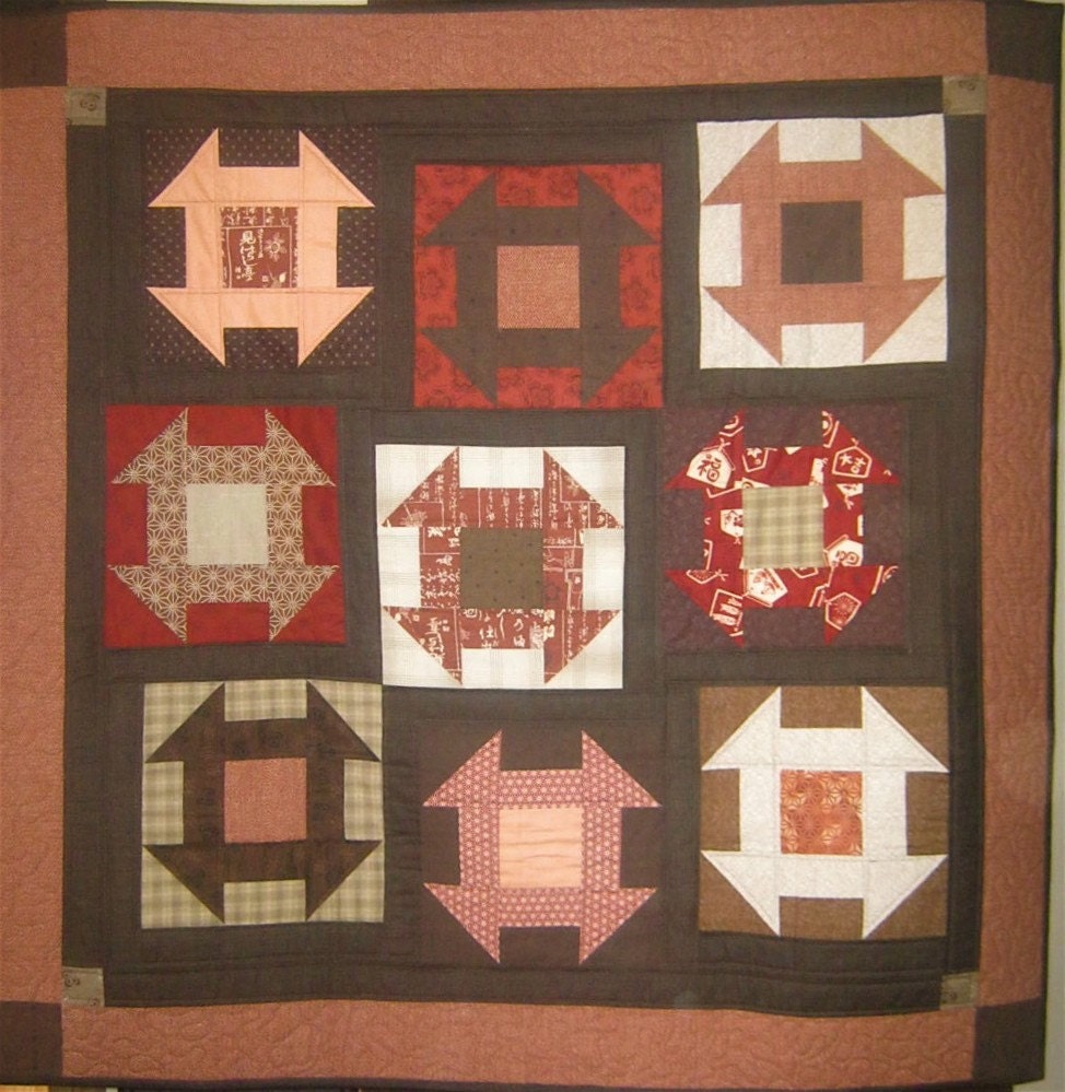 Patchwork Quilt - red and brown Japanese Churn Dash wall hanging