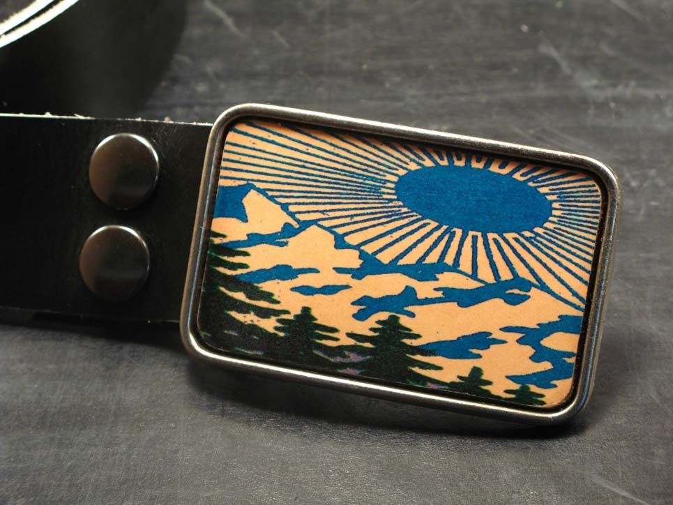 Mountain scenery belt buckle, Over the hills in blue leather belt buckle