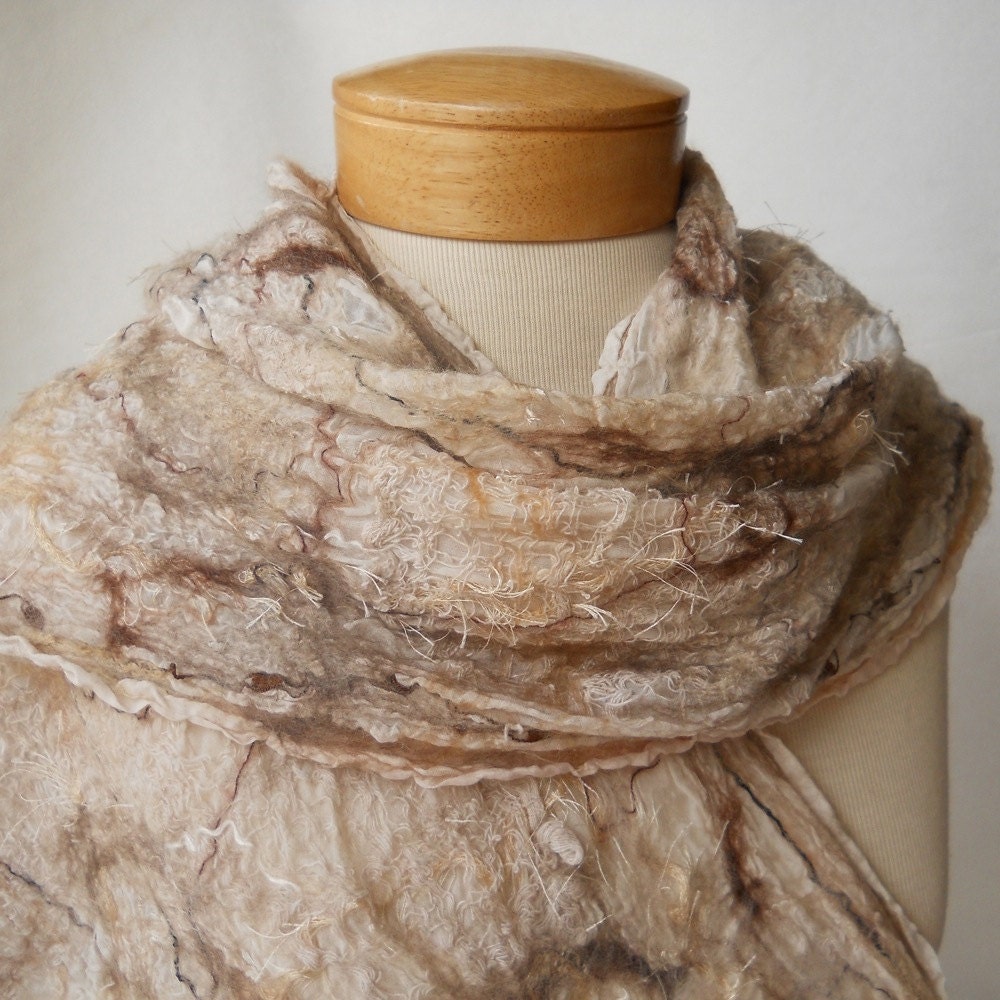 Nuno felt shawl in neutrals. Womens accessory by BlindSquirrel on Etsy