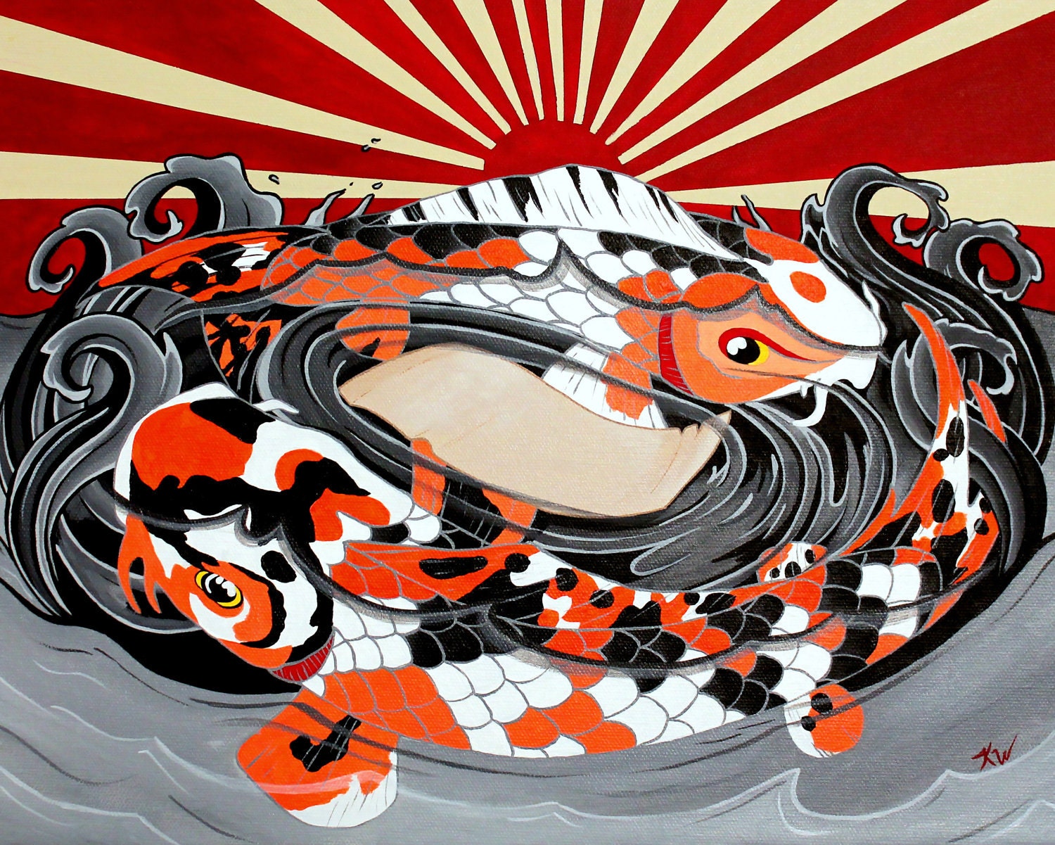 Koi Fish Painting Print 8"x10" Customized Hand Painted Scroll
