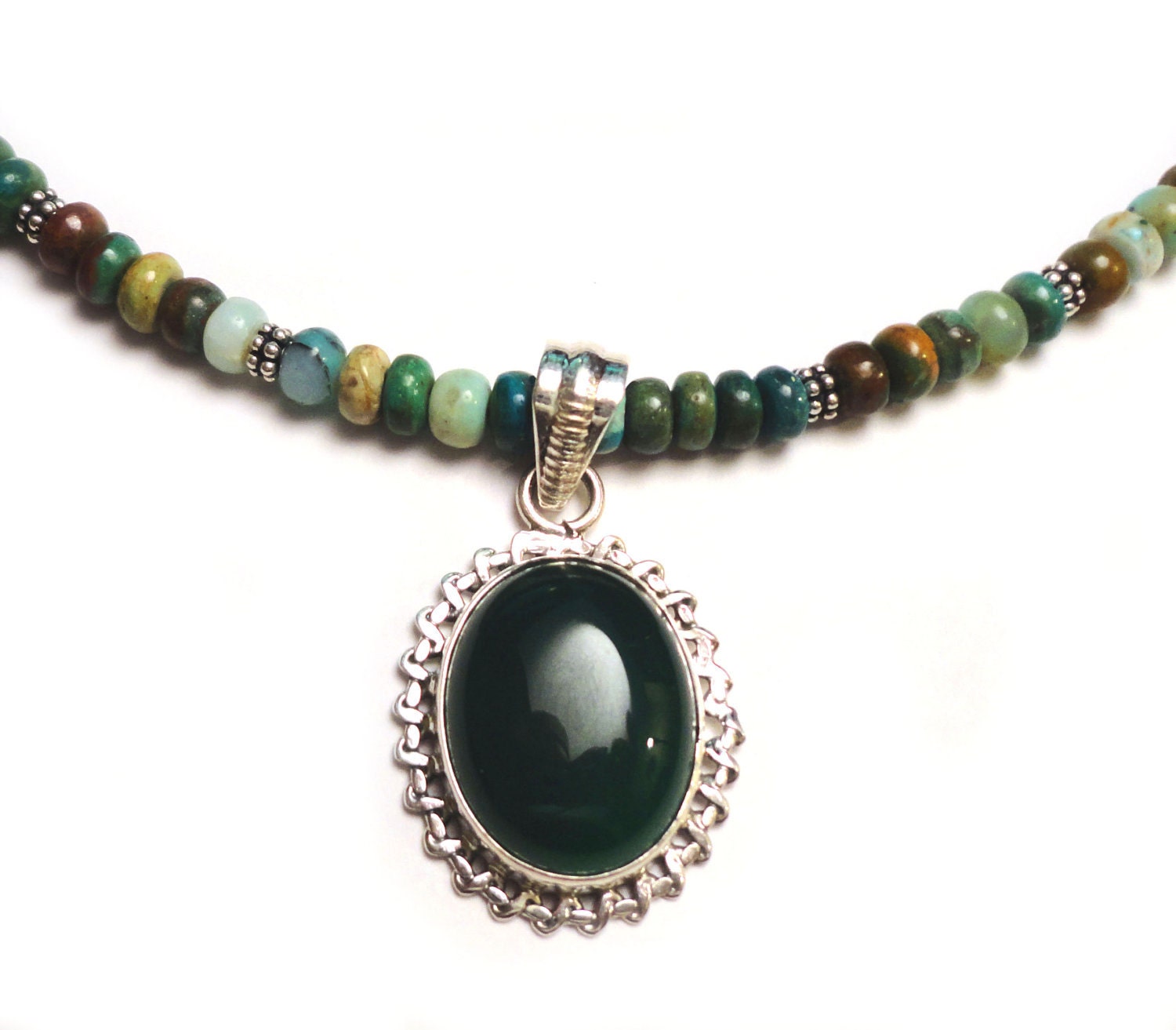 SLEEPING BEAUTY Green Teal Brown Opal Onyx Sterling Silver 18in Pendant Necklace N405