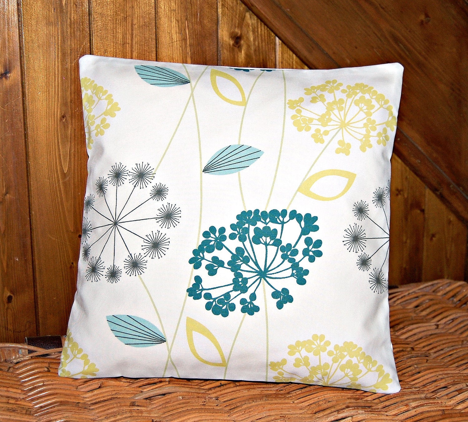 teal blue grey lemon pillow cover, flower cushion cover 16 inch