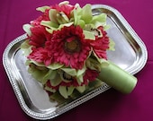 Pink Gerbera Daisies, Green Cymbidium Orchid Wedding BOUQUET & BOUTONNIERE Set for Spring, Summer, or Destination Wedding