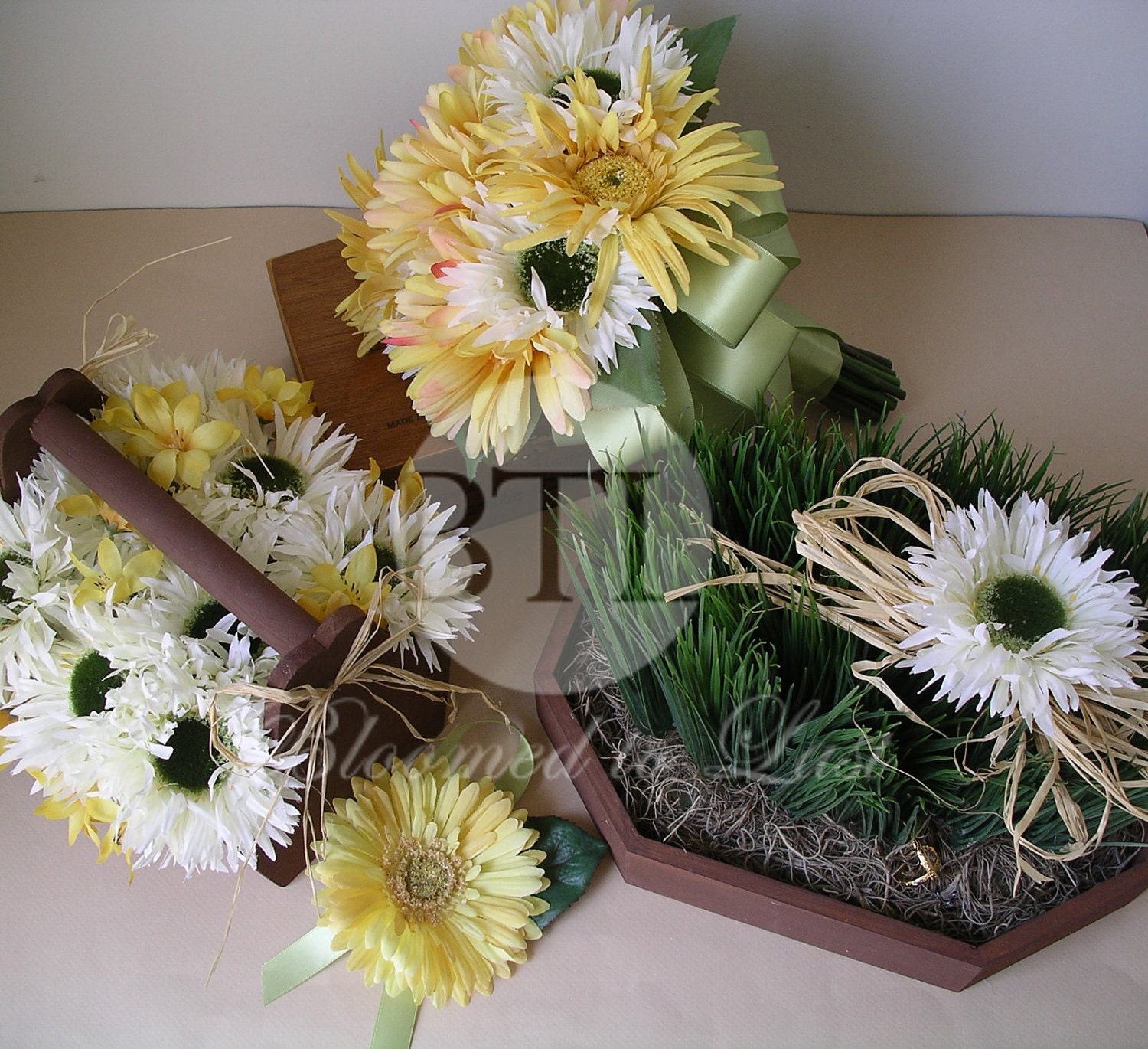 4pc Ready to Ship Spring Summer Silk Gerbera Daisy Yellow and Cream Bride Bouquet, Boutonniere, Ring Pillow & Flower Girl Basket