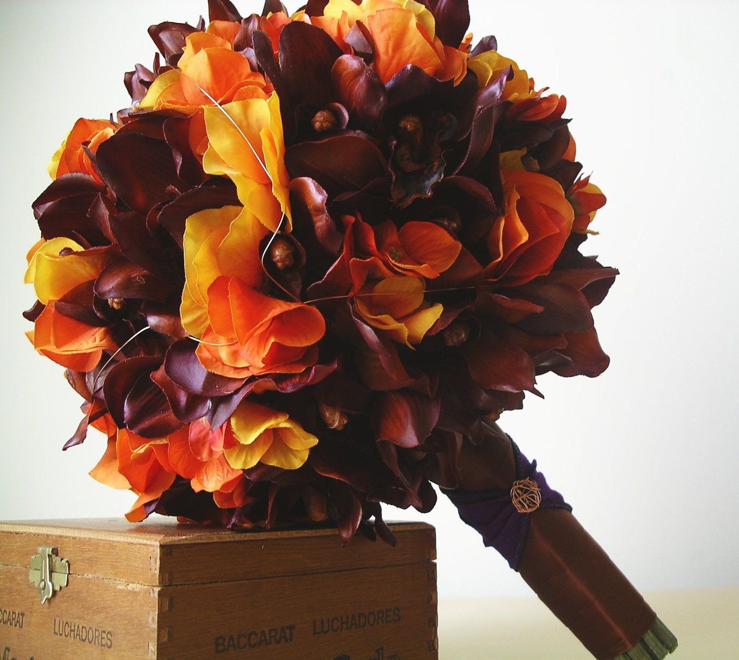 GRAND 10 Inch Premium Silk Rust Orchids, Orange Hydrangea, Bronze Wedding Bouquet  for Late Summer, Fall, Autumn Upscale Wedding