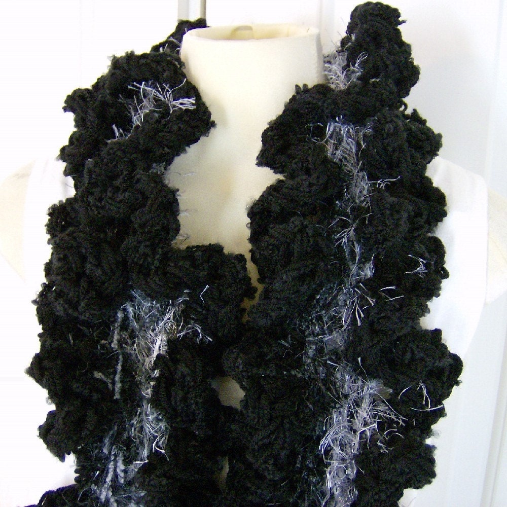 Black White Boa Ruffled Scarf