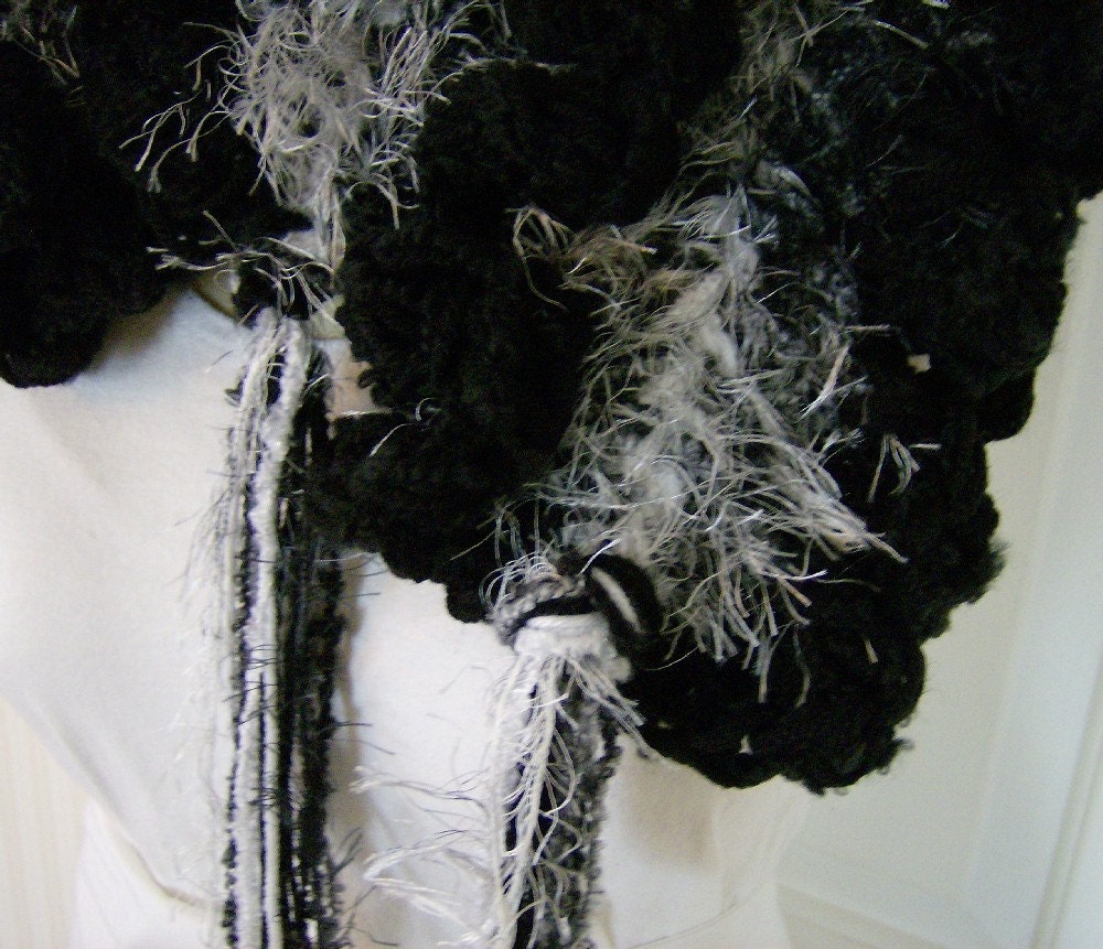 Black White Boa Ruffled Scarf