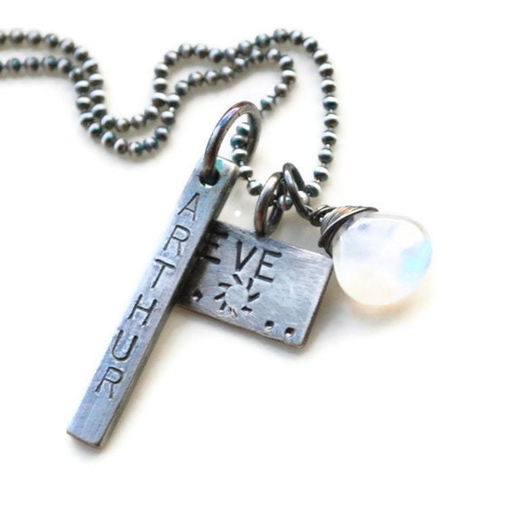 Personalized Childrens Names Necklace Rectangles Oxidized Sterling Silver