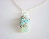 Pastel Gem Cluster Cascade Necklace with Mint & Blue Chalcedony Handmade OOAK Freshwater Pearls Green Chalcedony Semiprecious Gemstones