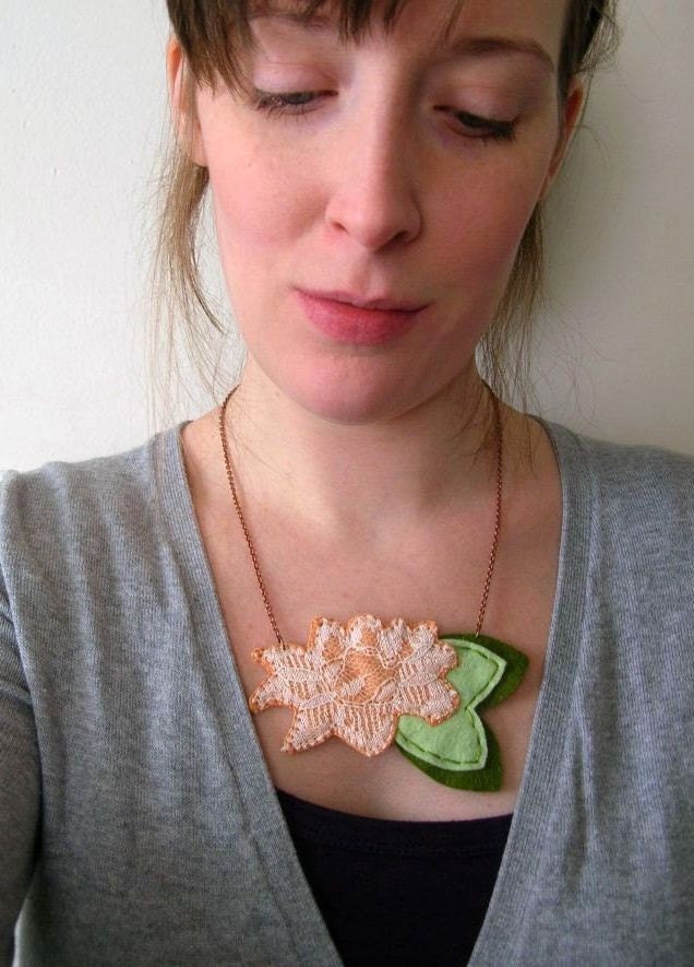Cucumber Melon Rose - Embroidered Lace Necklace