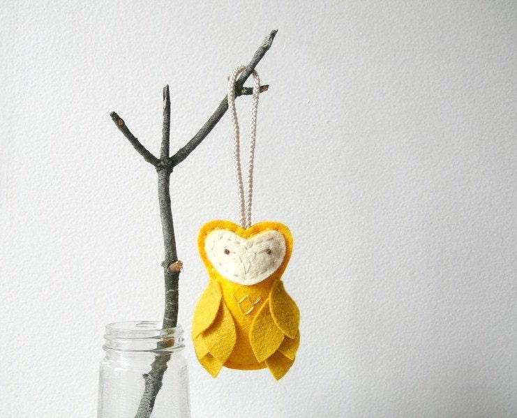 Felt Owl Ornament // Yellow // Hostess Gift // Door Knob Hanger // Plush Nursery Decor by OrdinaryMommy