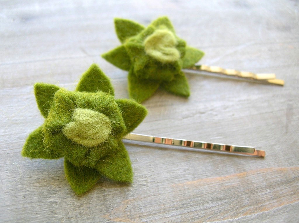 Felt Succulent Hair Pins // Moss Green // Womens Hair Accessories Handmade by OrdinaryMommy on Etsy
