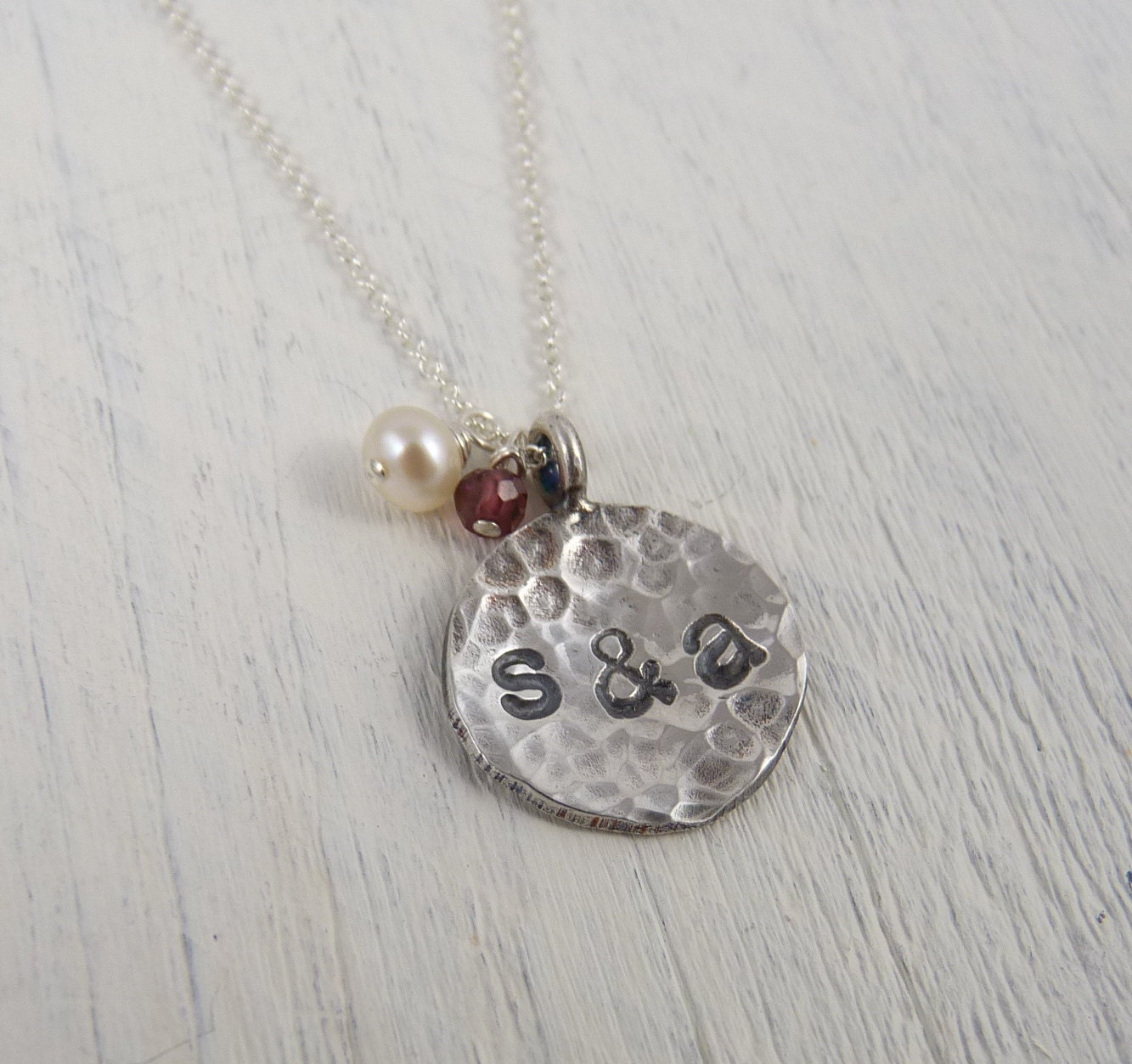 Customizable Hand Stamped Birthstone Initials Necklace in Sterling Silver Bridal Shower Gift