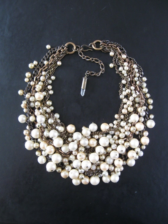 Mermaid Farts - Tangled Decayed Upcycled Pearl Bib Necklace - Cream Ecru and Brass
