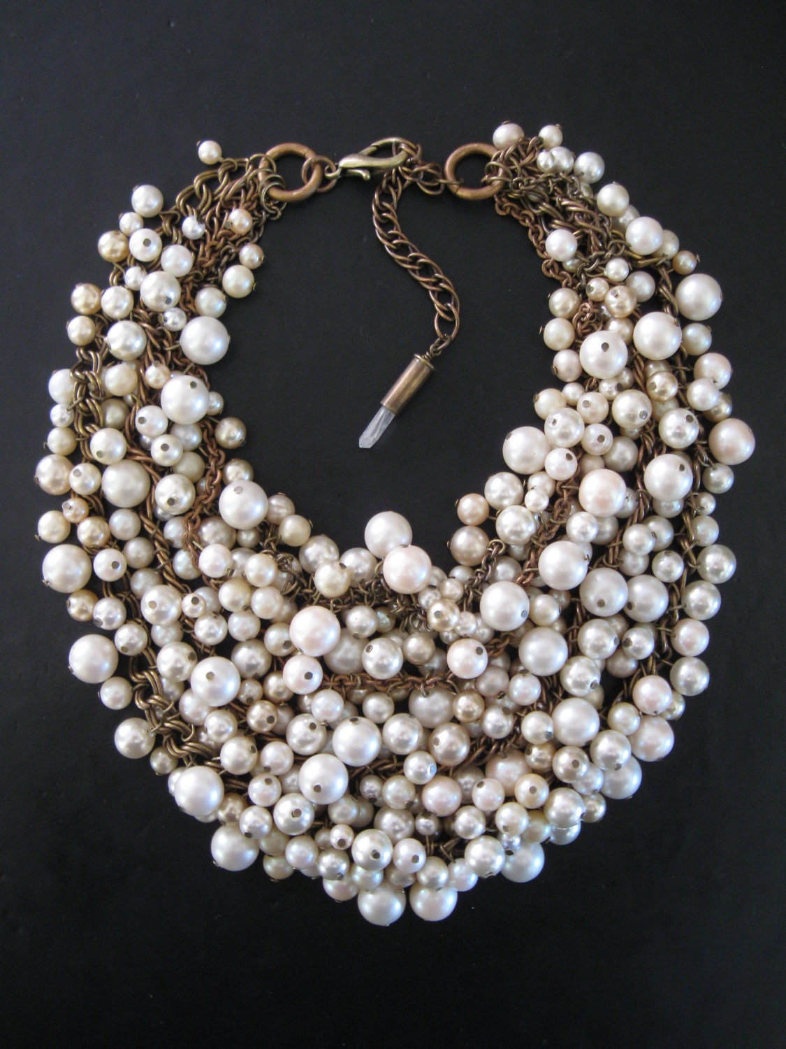 SALE - Mermaid Farts - Upcycled Pearl Bib Necklace - Cream Ecru and Brass - Eco Wedding