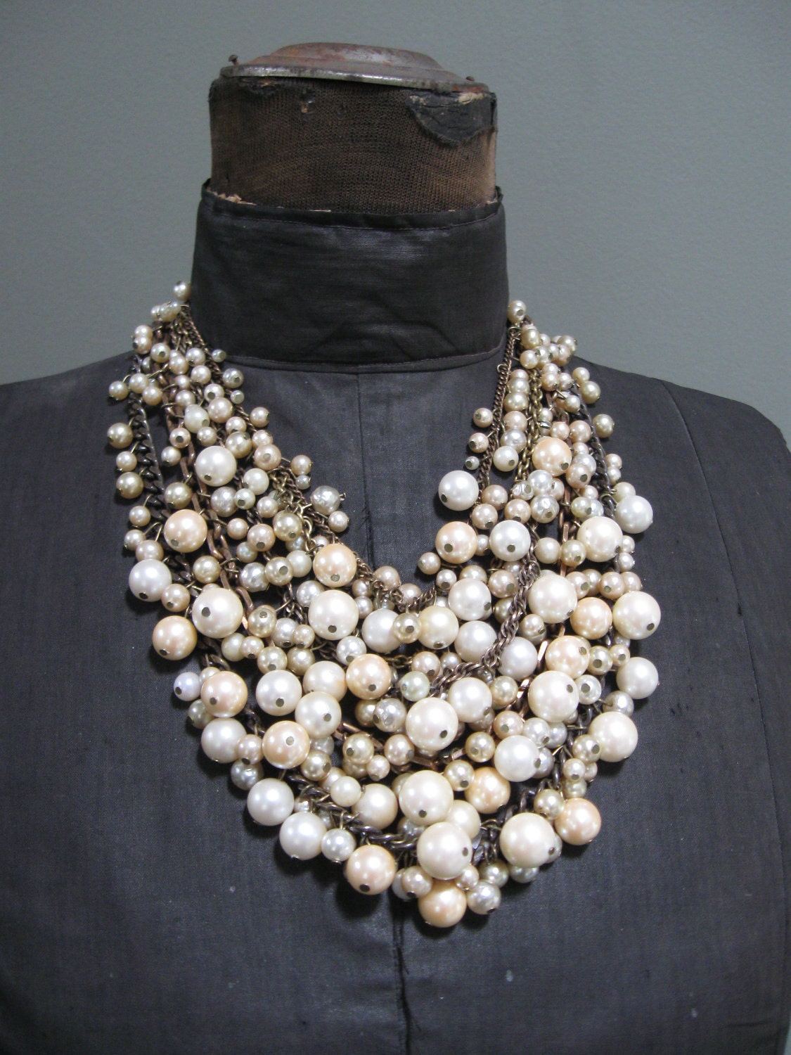 Mermaid Farts - Tangled Decayed Upcycled Pearl Bib Necklace - Cream Ecru and Brass