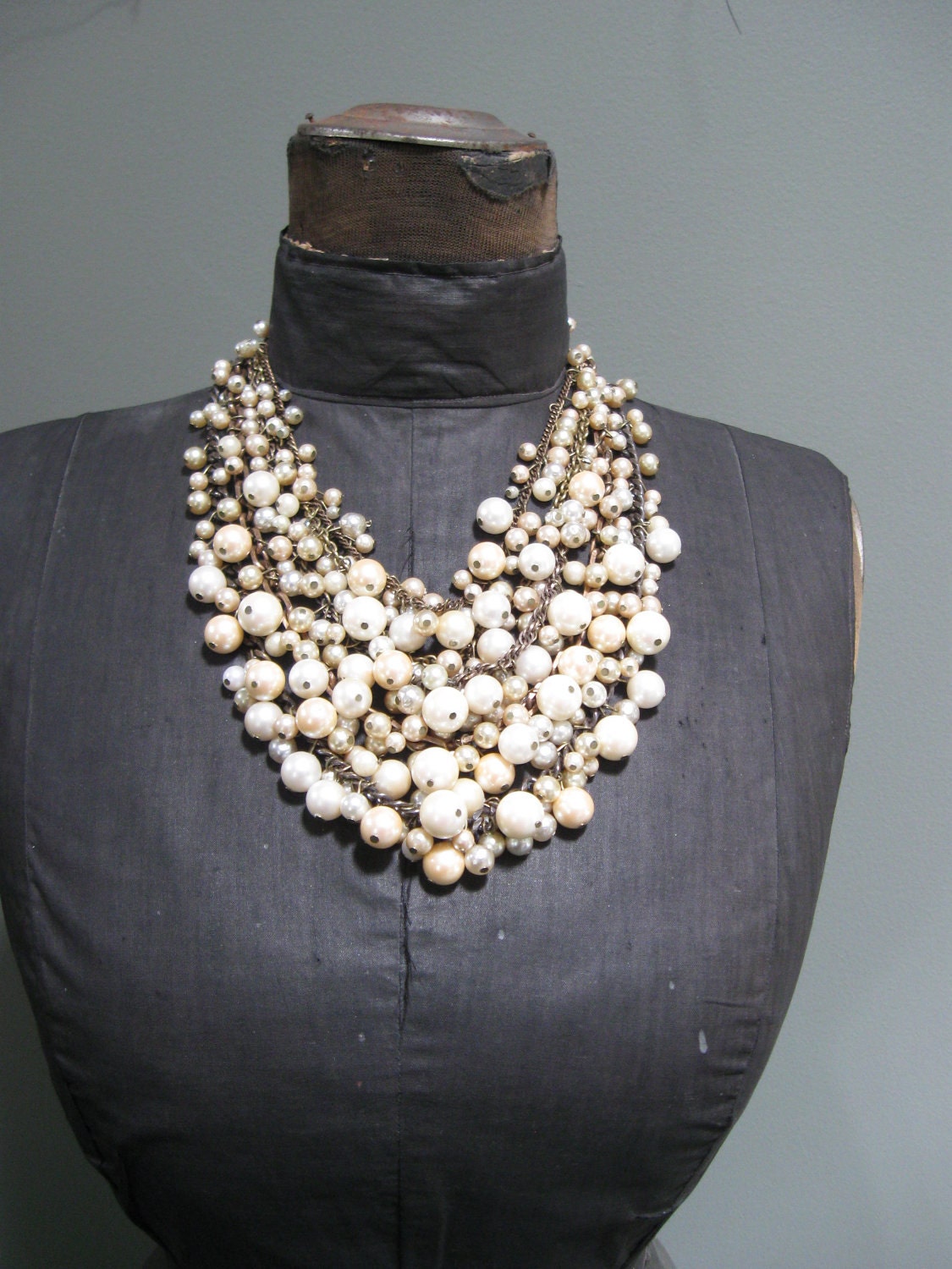 Mermaid Farts - Tangled Decayed Upcycled Pearl Bib Necklace - Cream Ecru and Brass