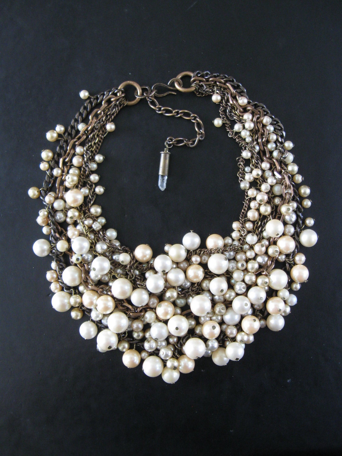 Mermaid Farts - Tangled Decayed Upcycled Pearl Bib Necklace - Cream Ecru and Brass