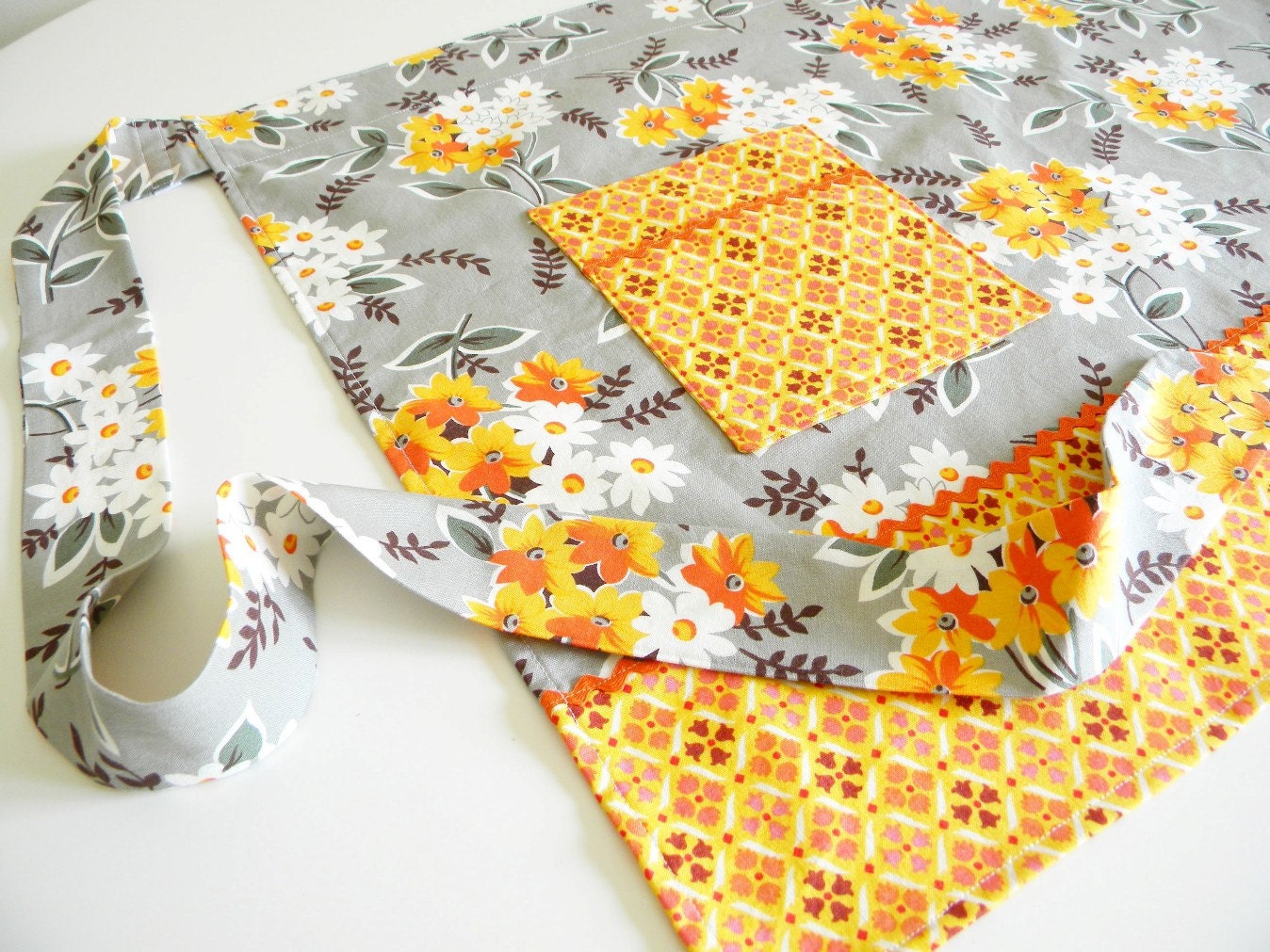 Half Apron - Flea Market Fancy Floral Wrap in grey and orange