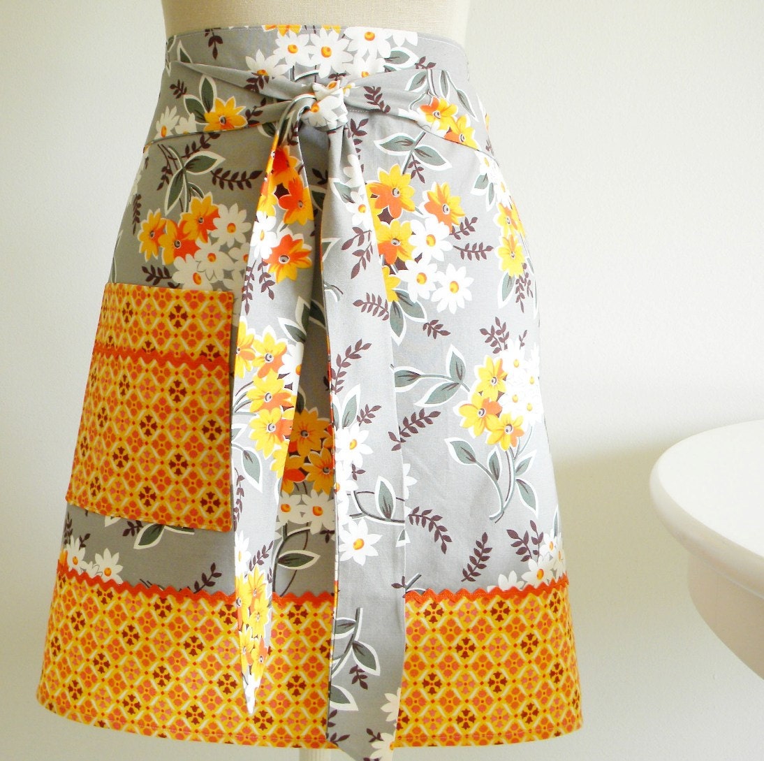 Half Apron - Flea Market Fancy Floral Wrap in grey and orange