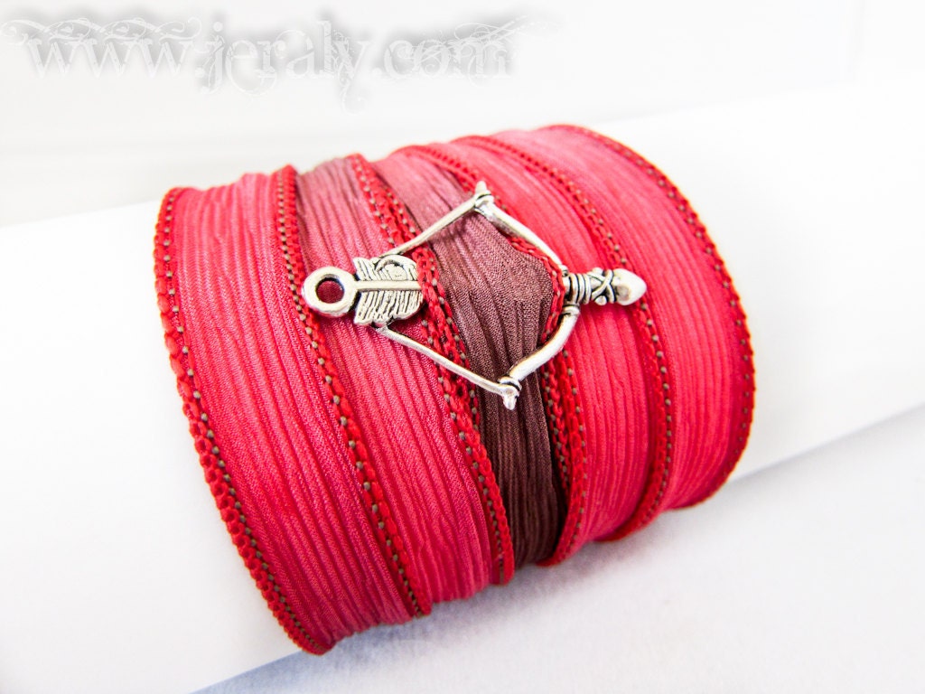 Hunger Games Inspired Wrap Bracelet with Silver Bow & Arrow - Hand Painted Red Blaze Silk Ribbon - Warm Summer Colors - Yoga Jewelry