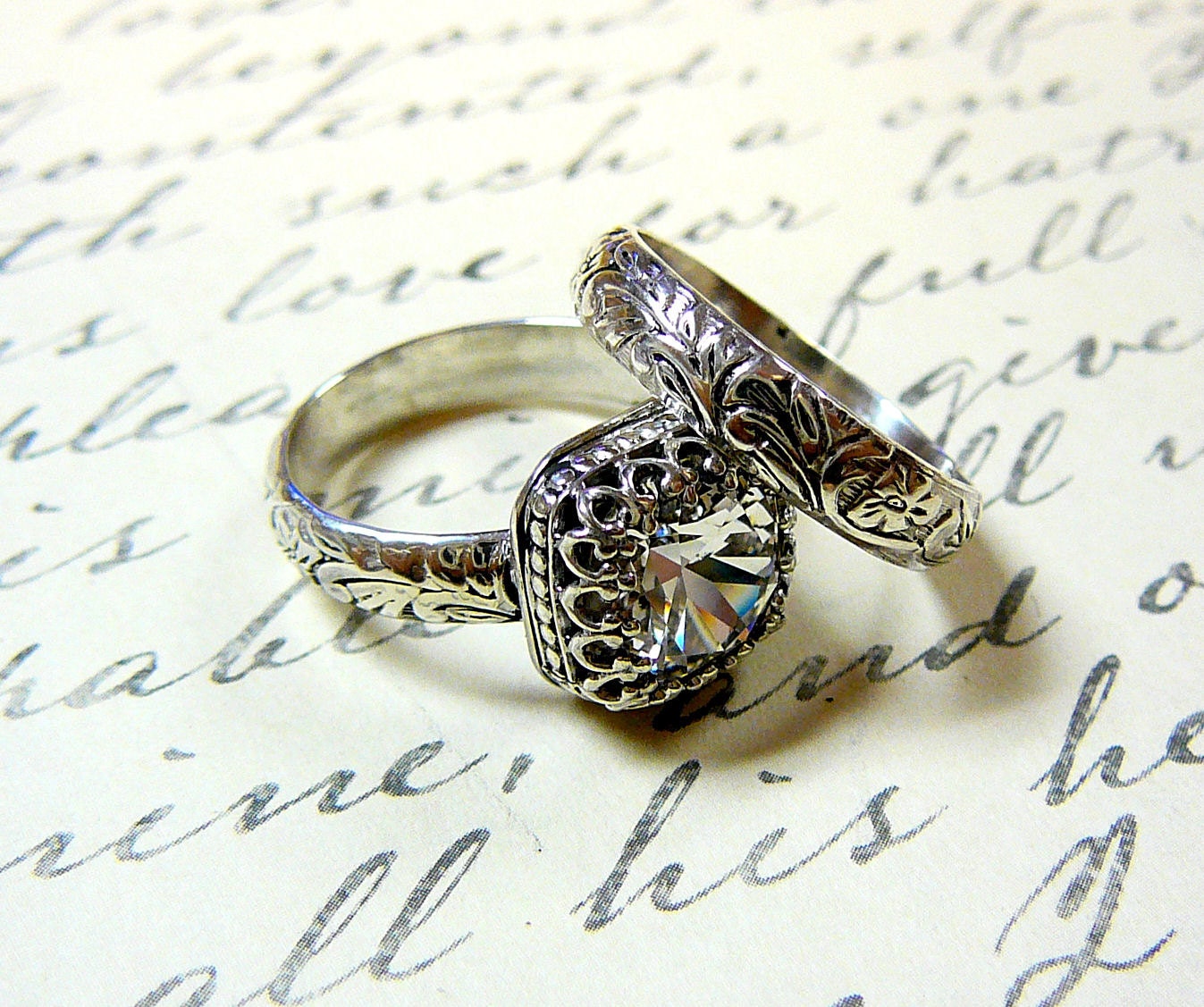 Vintage Engagement Sterling Silver Swarovski Crystal Ring with matching Floral Band with Tiara Crown like bezel - Wedding