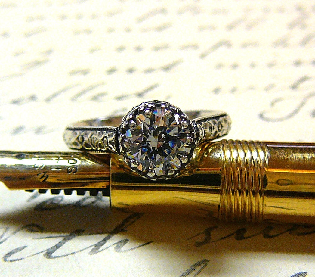 Vintage Engagement Sterling Silver Swarovski CZ Floral Band Ring with Tiara Crown like bezel - Wedding