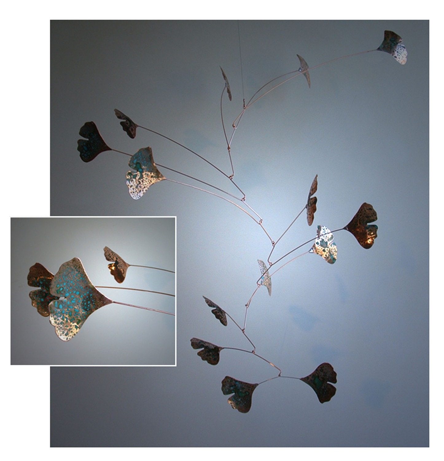 21 Leaf Copper Mobile Handmade Mobile Art  Ginkgo Leaves Green Patina