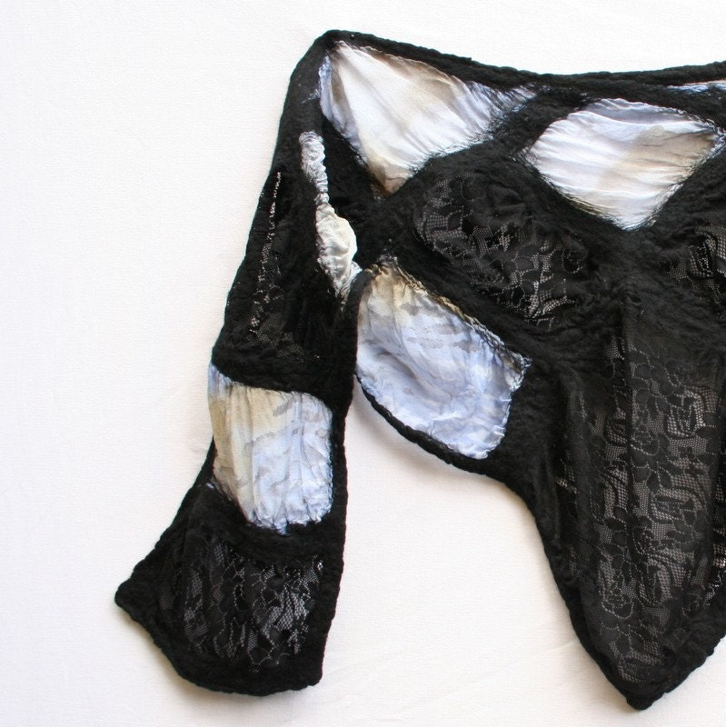 Wrap nunofelted lace and silk in black and blue grey