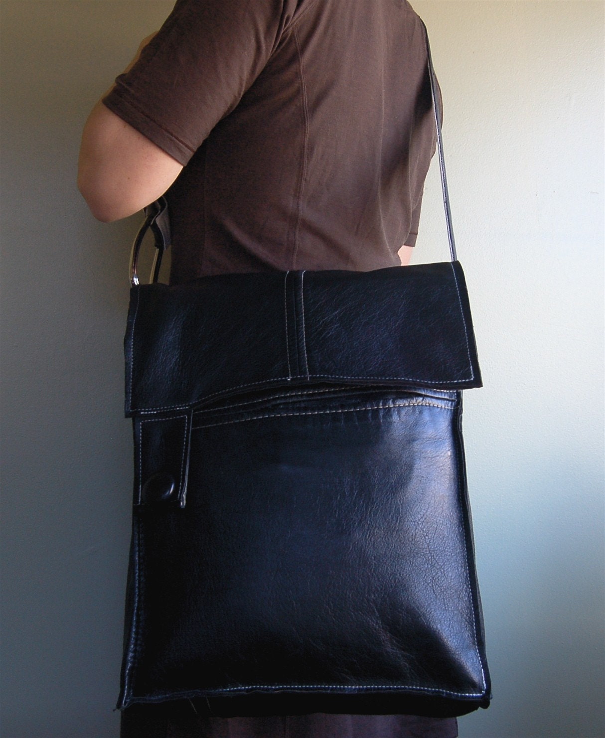 black and a little white repurposed leather messenger