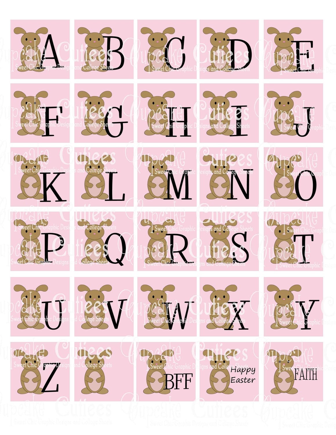 Easter Bunny PINK  Alpha Collage Sheet 1.5 Squares for Jewelry Pendants CHOOSE SIZE