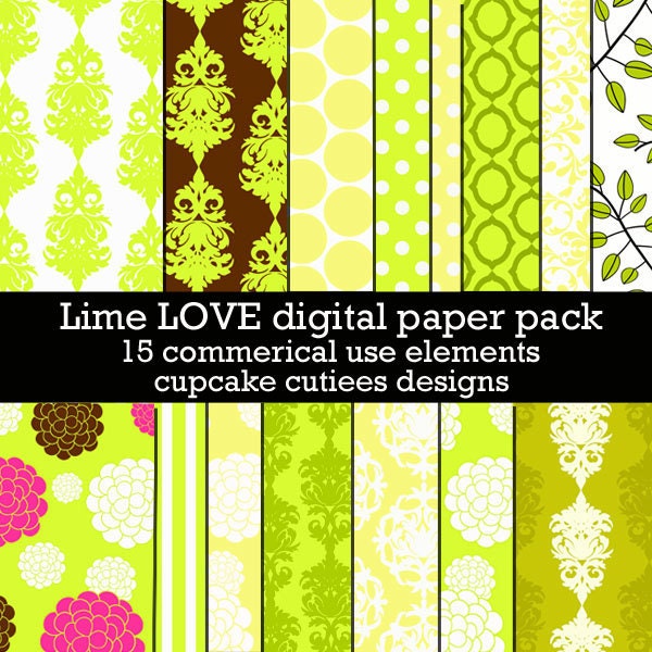 LIME LOVE Damask  Digital Collage Sheets 8.5 by 11 Sheets Set of 16 Digital Papers