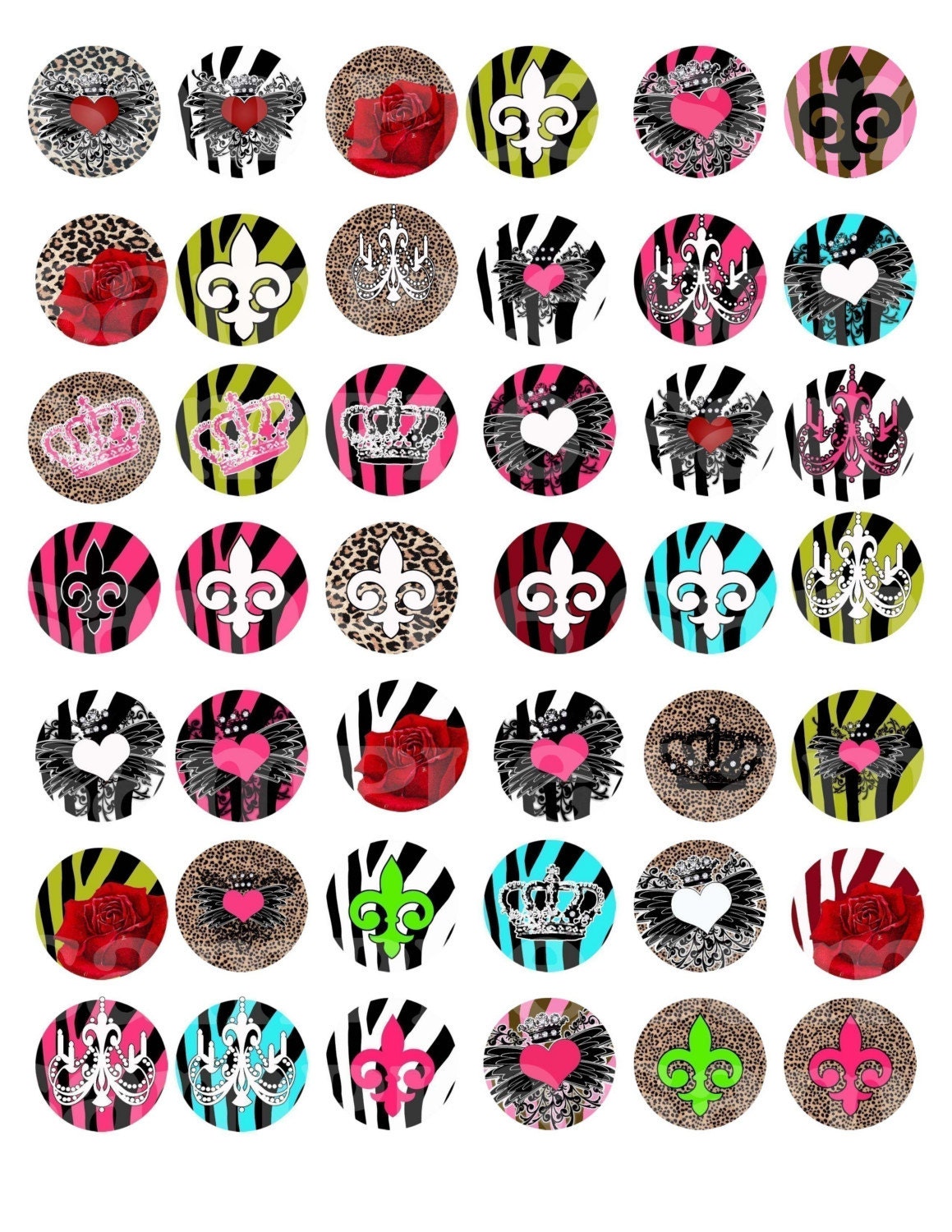 New Funky Animal Prints Digital Collage Sheet 1 inch Circles Chandelier, Crowns, Wings and Bling