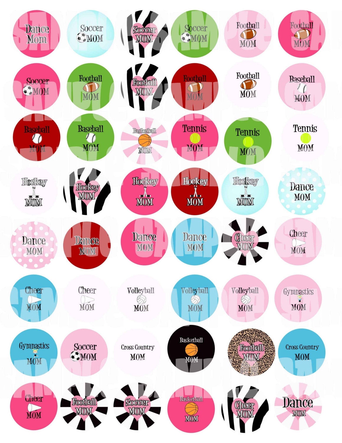Sports Mom 1 inch Circle Digital Collage Sheet 1 inch Circles for Bottlecaps , Pebble magnets or stickers.