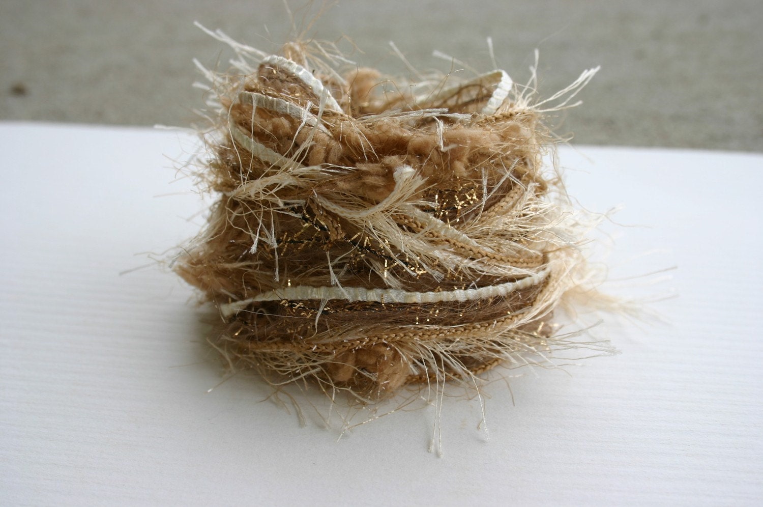 Elegant natural camel beige and gold cream specialty yarn fiber embellishment bundle