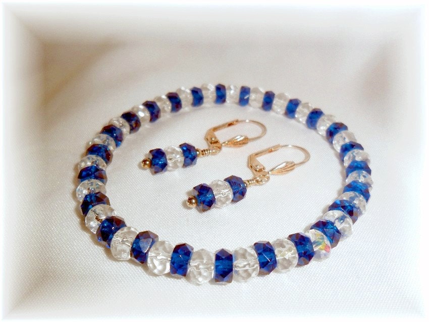 Mediterranean Blue  and Clear Faceted Czech Glass Stretch Bracelet and Earring Set