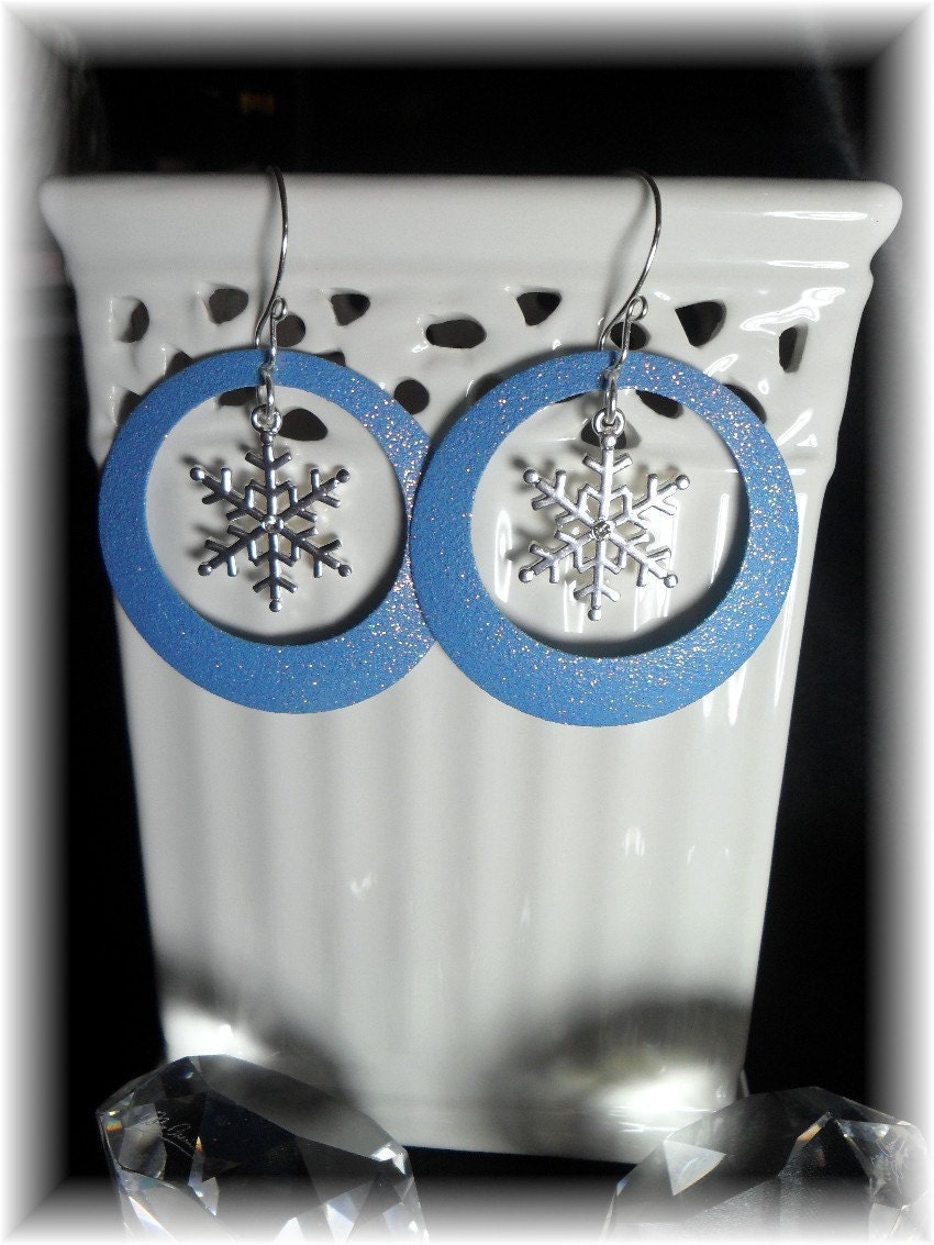 Holiday Snowflakes Earrings in glittery light blue hoops