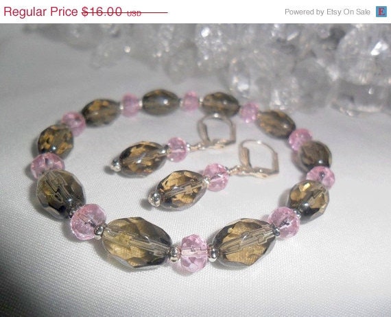 Holiday Sale Smokey Taupe Czech Glass and Delicate Pink Rondelle Stretch Bracelet and Earring Set