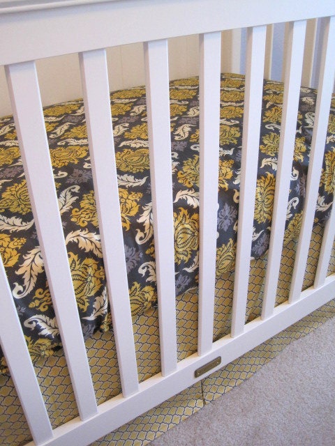 Custom Crib Bedding Set YOU DESIGN - Aviary in Gray and Yellow